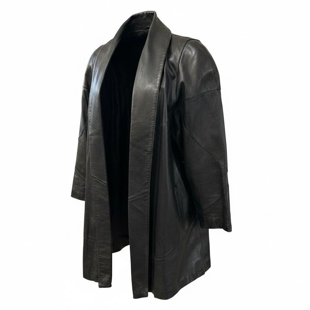 Vintage Preston & York Black Leather Shawl Collar Oversized Swing Coat Sz L